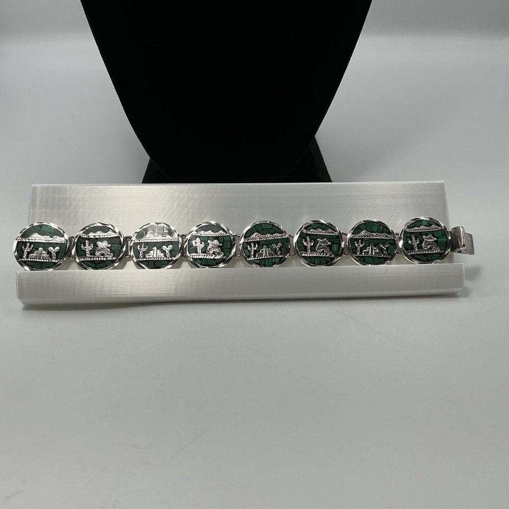 Sterling Silver Crushed Malachite Round Disc Bracelet Taxco Mexico 50.6 Grams 7” - Picture 4 of 12